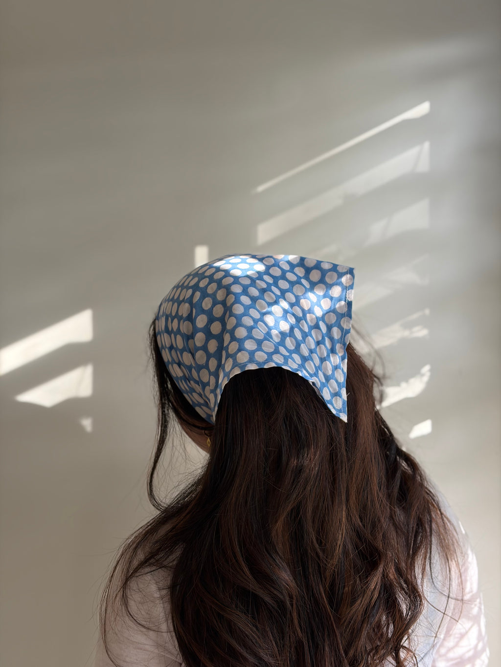 Hand Block-Printed Cotton Head Scarf - Blue White Polka