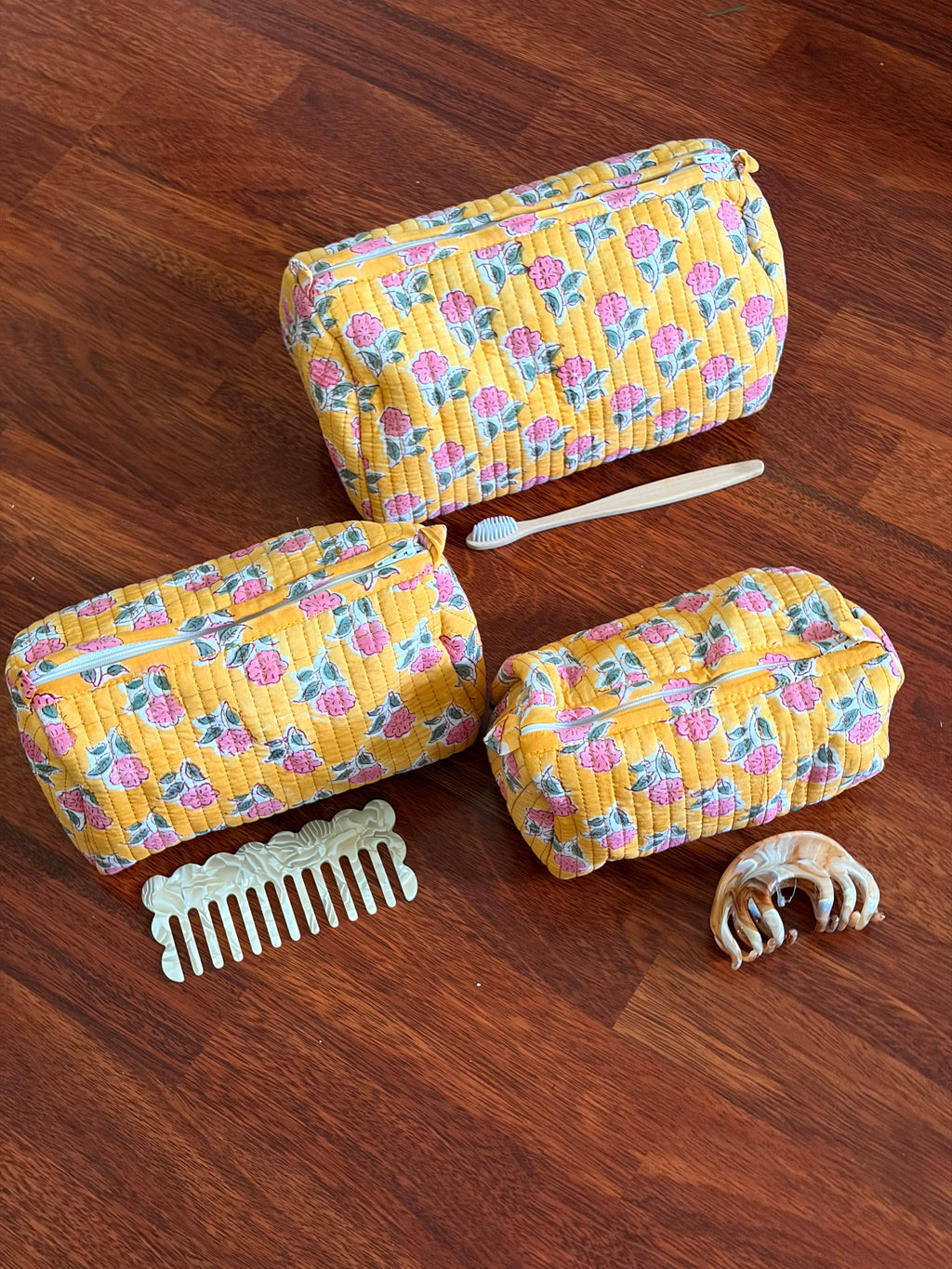 Quilted Pouch Set - Yellow