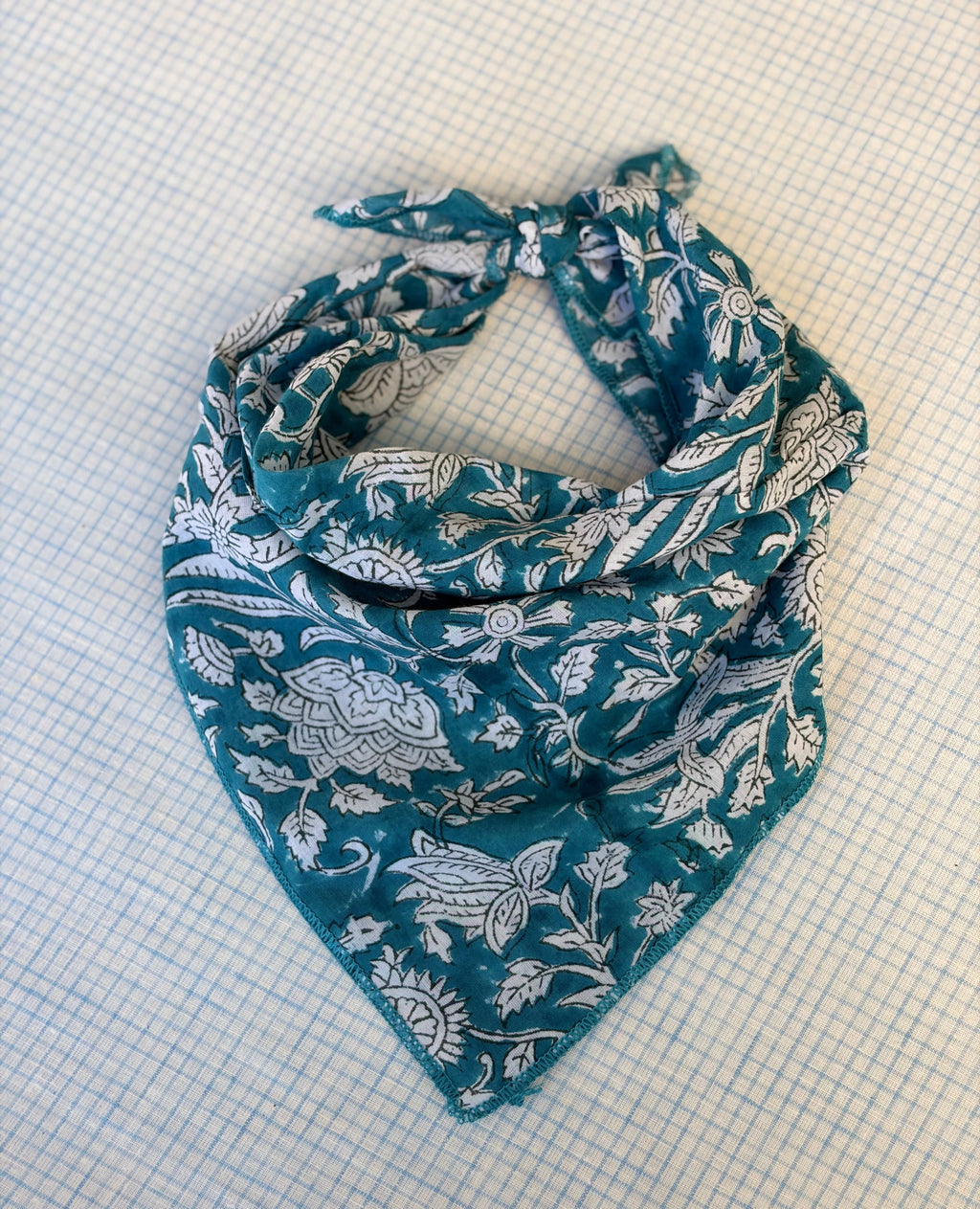 Hand Block-Printed Cotton Head Scarf - Blue Floral