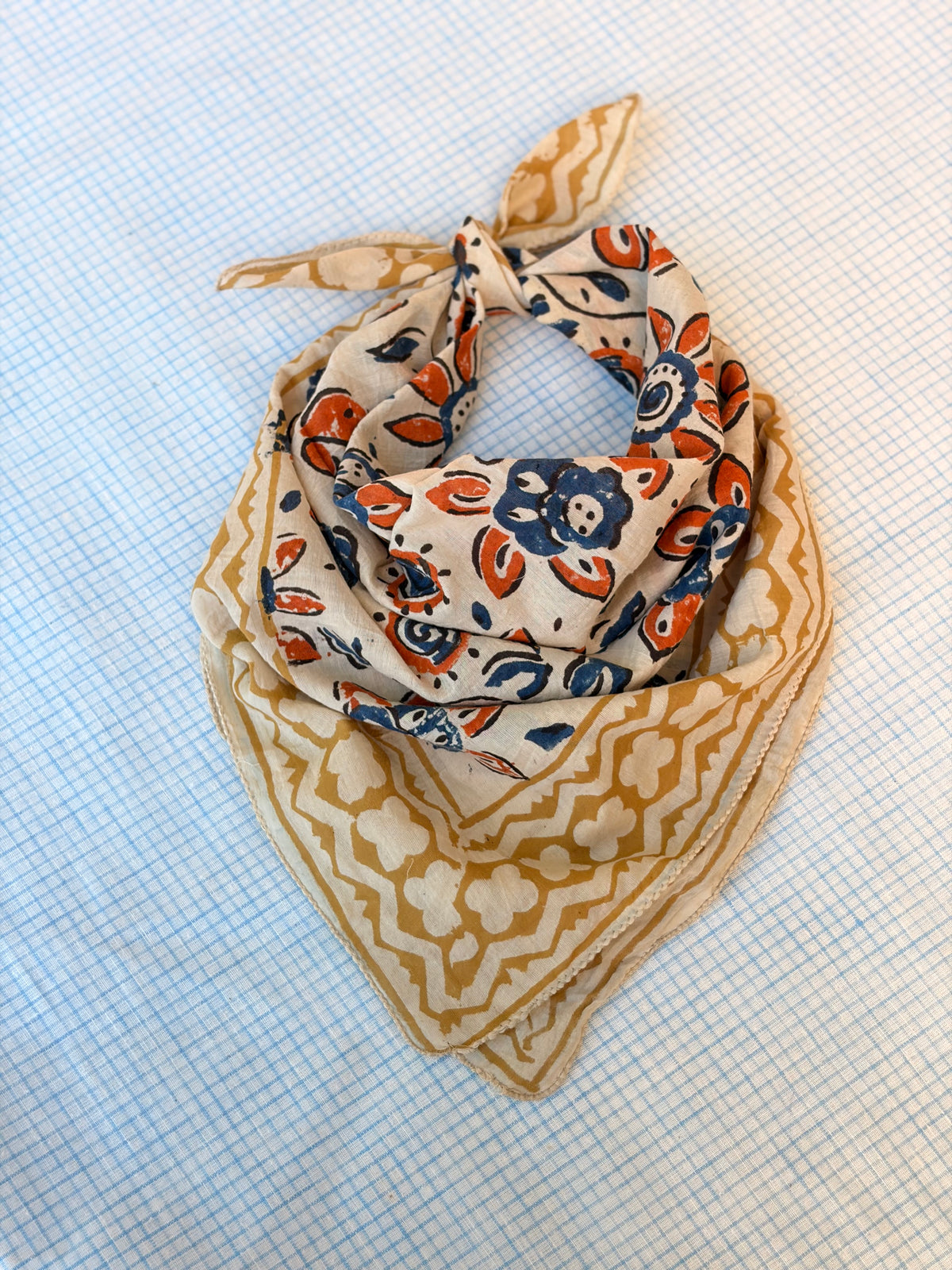 Hand Block-Printed Cotton Head Scarf - Marigold