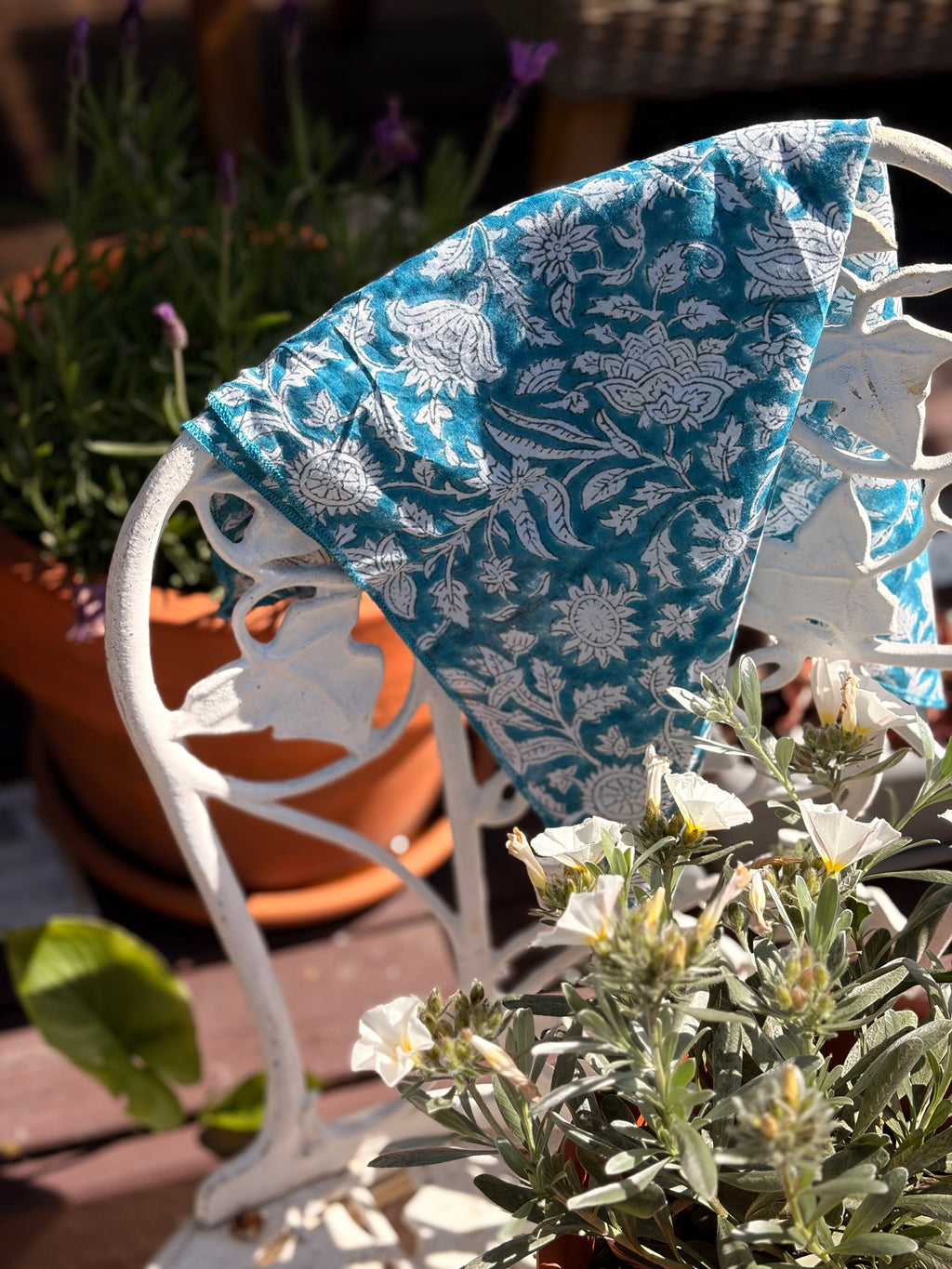 Hand Block-Printed Cotton Head Scarf - Blue Floral