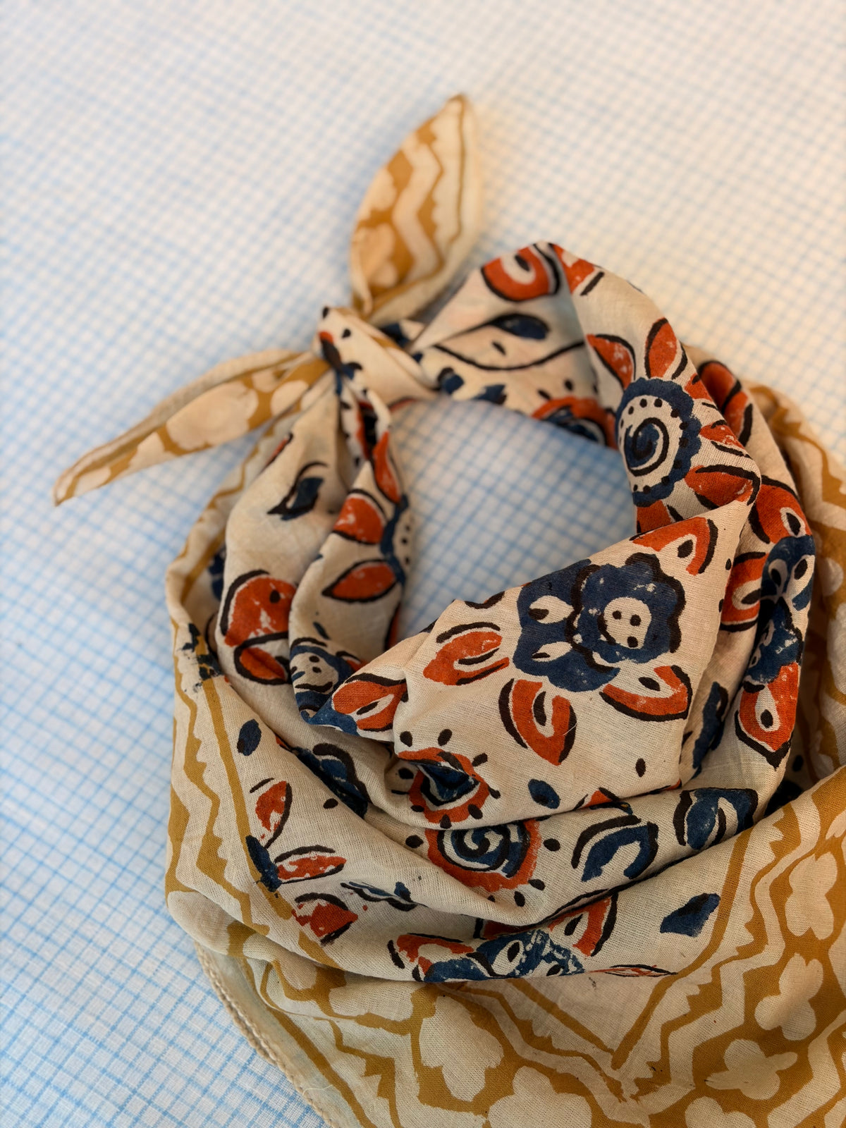 Hand Block-Printed Cotton Head Scarf - Marigold