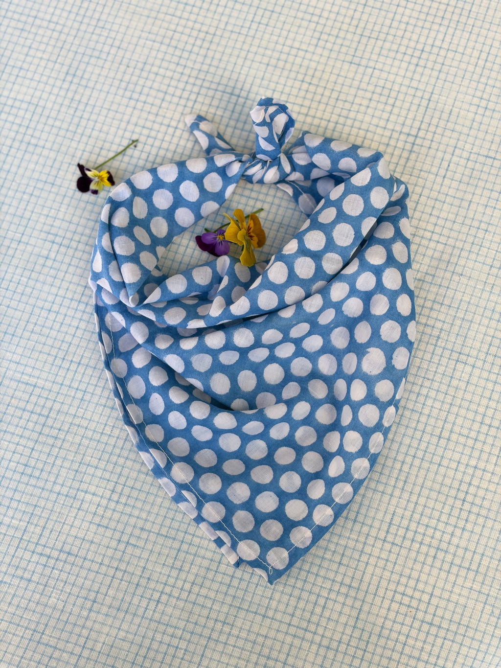 Hand Block-Printed Cotton Head Scarf - Blue White Polka