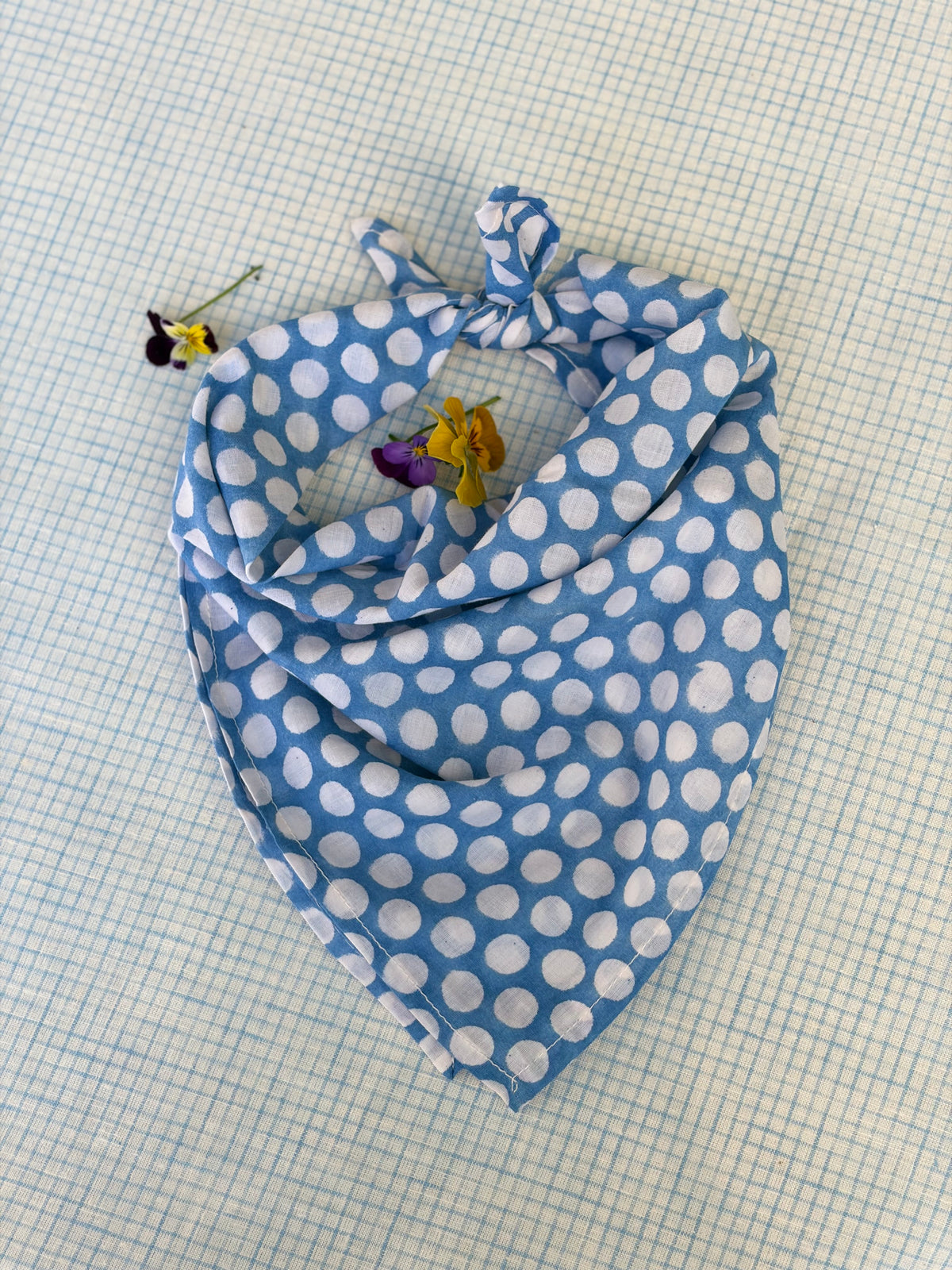 Hand Block-Printed Cotton Head Scarf - Blue White Polka